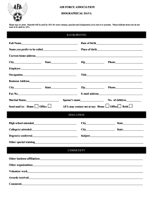 Air Force Association Biographical Data Form