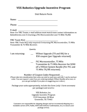 VEX Robotics Upgrade Incentive Program Return Form
