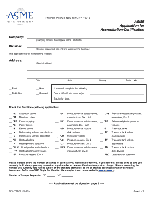 ASME Boiler and Pressure Vessel Certification Application