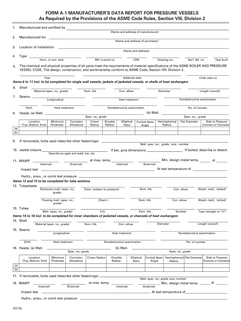 Fillable Online Manufacturer39s bDatab Report for Pressure Vessels ...