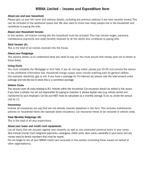 MBNA Income and Expenditure Form