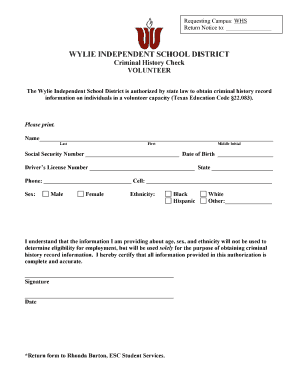 Texas Volunteer Criminal History Check Form