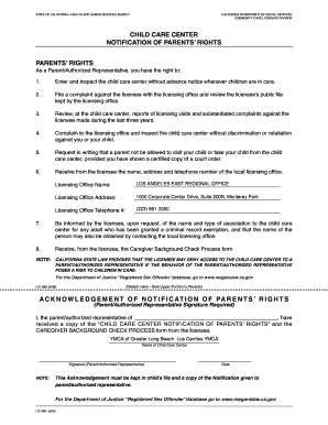 California Child Care Center Notification of Parents' Rights