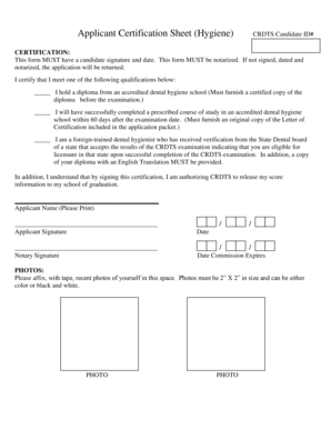 Applicant Certification Sheet Hygiene