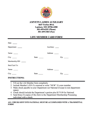 AMVETS Ladies Auxiliary Life Member Card Form
