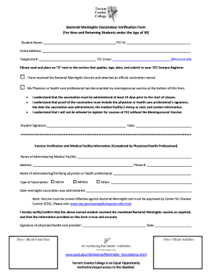 Bacterial Meningitis Vaccination Verification Form