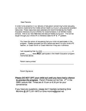 Middle School Health Education Opt-Out Form