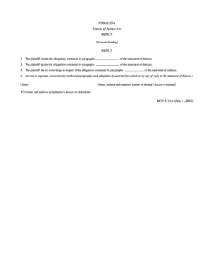 Reply to Statement of Defence Form 25A