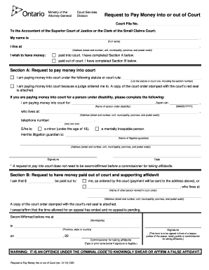 Request to Pay Money into or out of Court