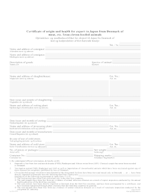 Certificate of Origin and Health for Meat Export to Japan
