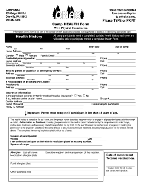 Camp Health Form with Physical Examination