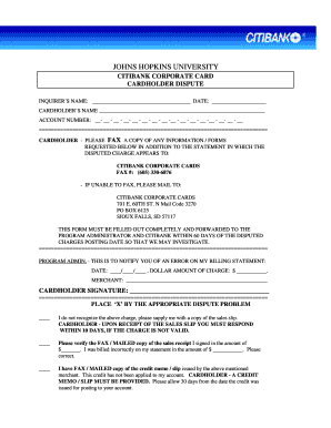 Johns Hopkins University Citibank Corporate Card Dispute Form
