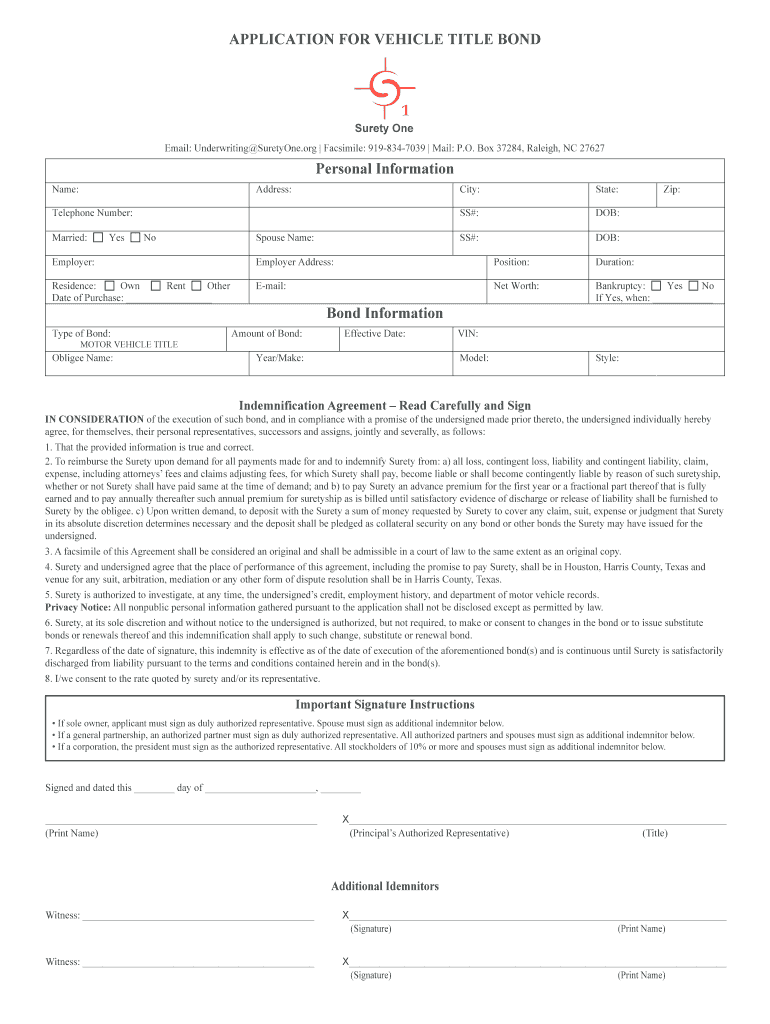 Fillable Online suretyone APPLICATION FOR VEHICLE TITLE BOND