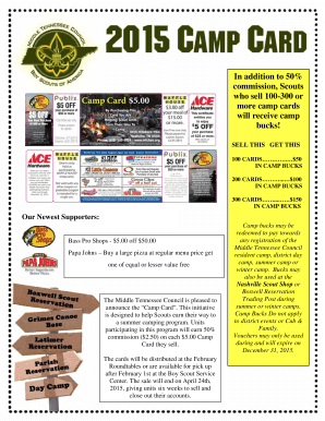 Middle Tennessee Council Camp Card Sale Form