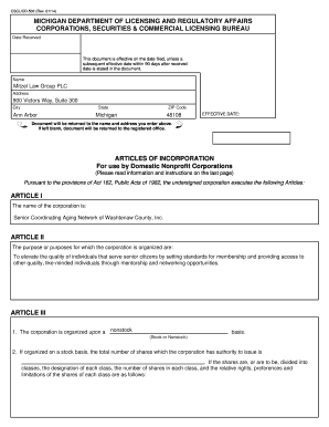 Michigan Nonprofit Articles of Incorporation