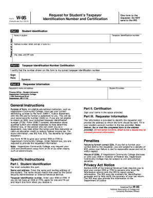 Form W-9S Request for Student's Taxpayer Identification Number