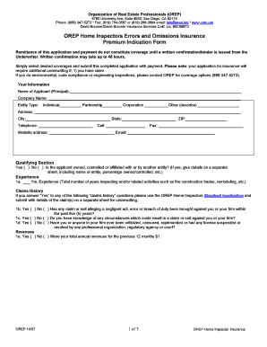 OREP Home Inspectors Errors and Omissions Insurance Premium Indication Form