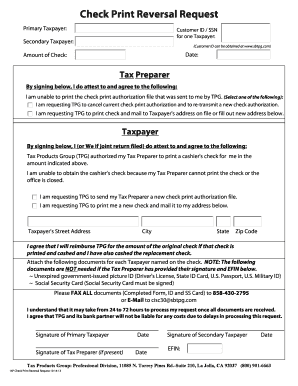 Check Print Reversal Request - Tax Tech Inc