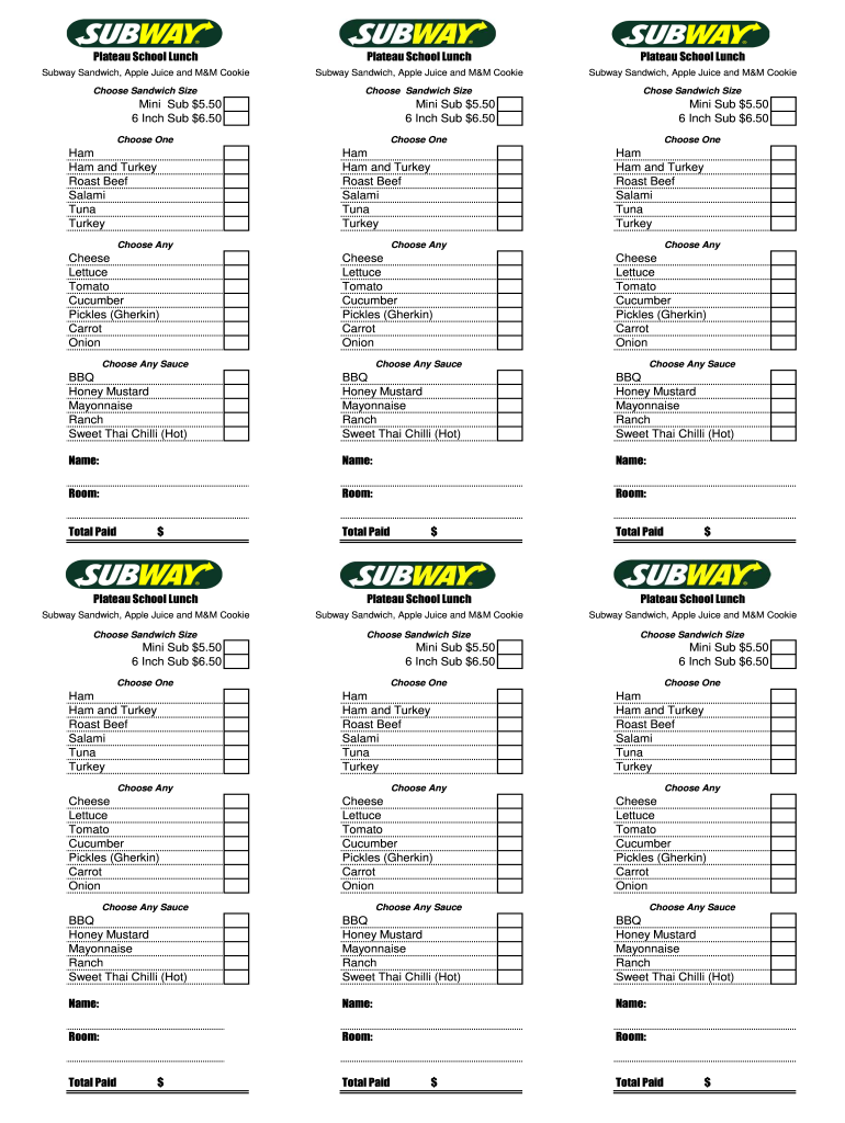 Fillable Online Subway order form.pdf Plateau School Fax Email Print