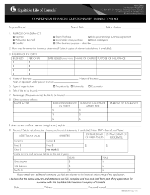 Confidential Financial Questionnaire Business Coverage