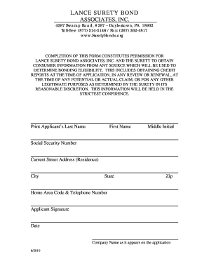 Lance Surety Bond Application Form