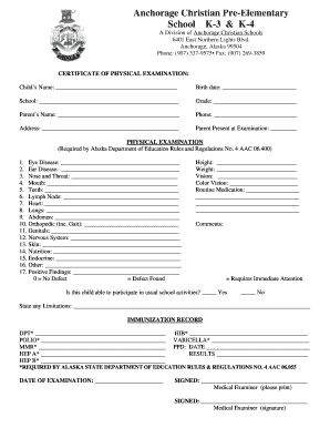Alaska School Physical Examination Form