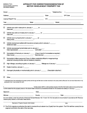 Kentucky Motor Vehicle Property Tax Affidavit