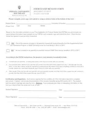 Food Stamp Benefit Form for Dependent Students