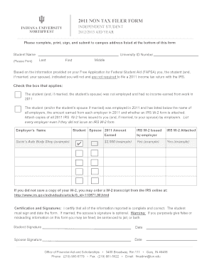 2011 Non-Tax Filer Form for Independent Students