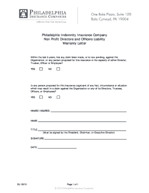 Non Profit Directors and Officers Liability Warranty Letter