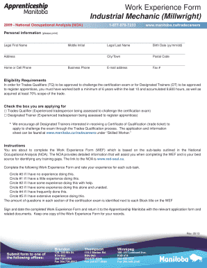Work Experience Form for Industrial Mechanic Certification