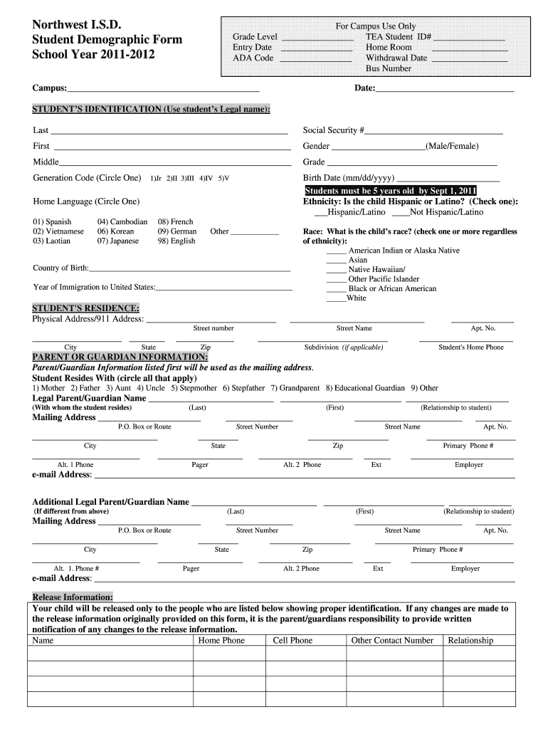 Fillable Online nisdtx Student Demographic Form School Year 20112012