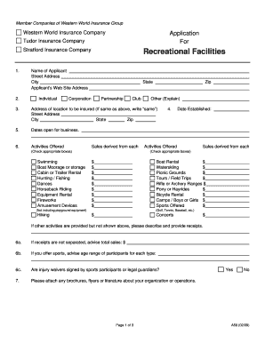Western World Insurance Recreational Facilities Application