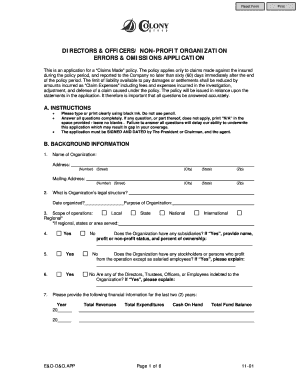 Directors & Officers Errors & Omissions Application