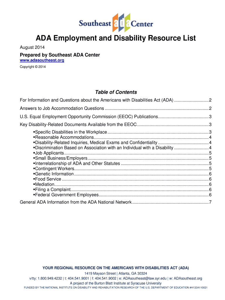 Fillable Online ADA Employment and Disability Resource List Fax Email ...