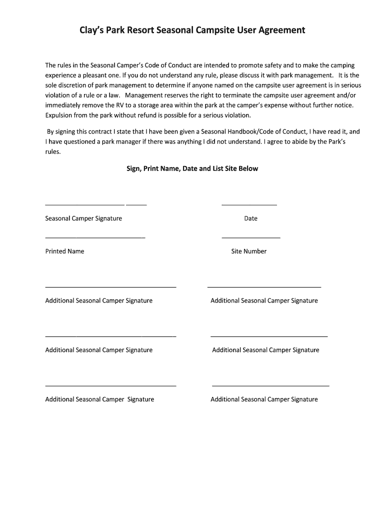 Fillable Online Clay39s Park Seasonal Camper Handbook Code bb Clays