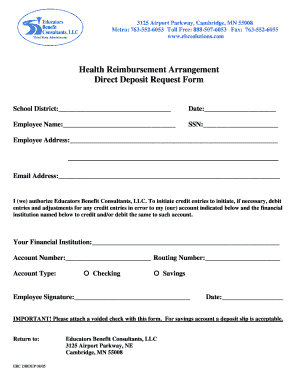 Health Reimbursement Arrangement Direct Deposit Request Form