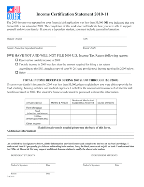 Income Certification Statement 2010-11