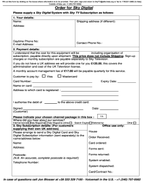 Sky Digital System Order Form
