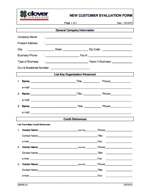 New Customer Evaluation Form