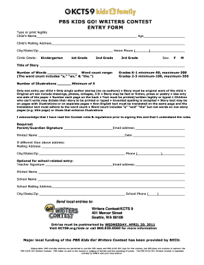 PBS Kids Go Writers Contest Entry Form