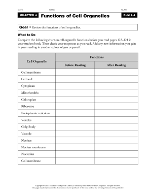 Cell Organelle Functions Worksheet
