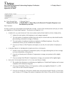 Aetna Small Group Health Plan Renewal Verification Form