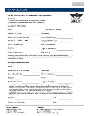Columbus Metro Visa Platinum Application