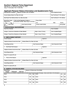 Police Department Applicant Personal History Form