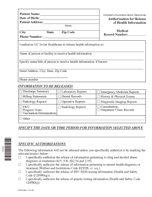 UC Irvine Healthcare Authorization for Release of Health Information