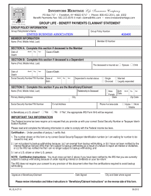 Group Life Benefit Payments Claimant Statement