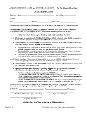 Acknowledgment of Risk and Release of Liability for Equine Activities