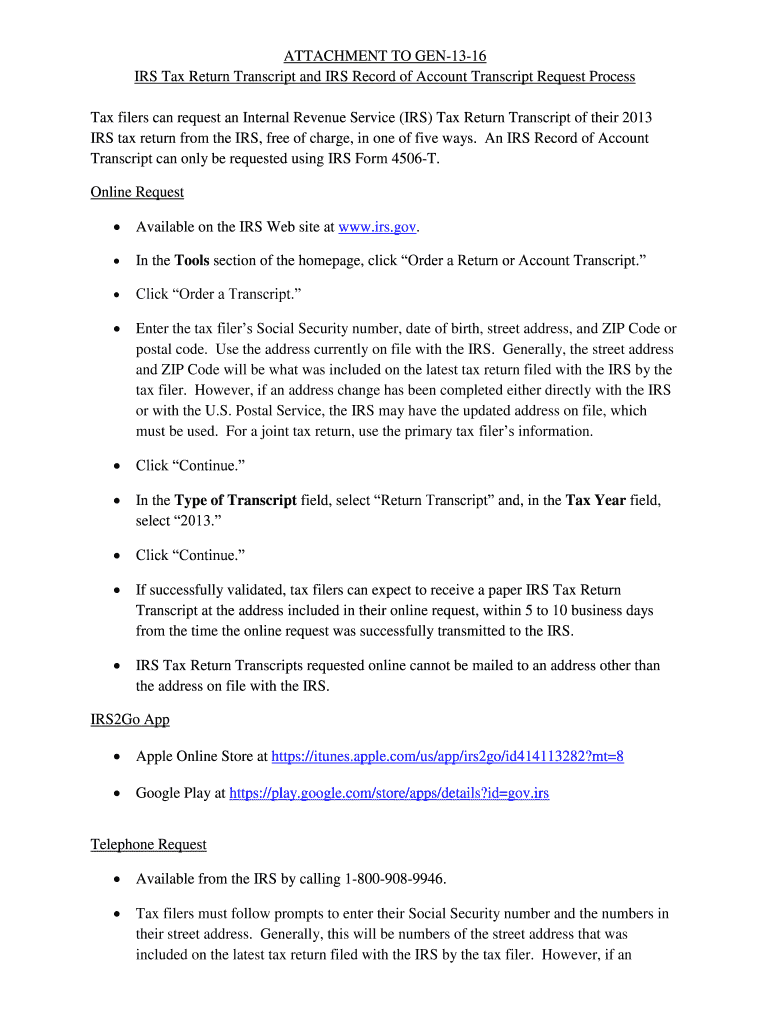 Fillable Online pupr ATTACHMENT TO GEN1316 IRS Tax Return Transcript