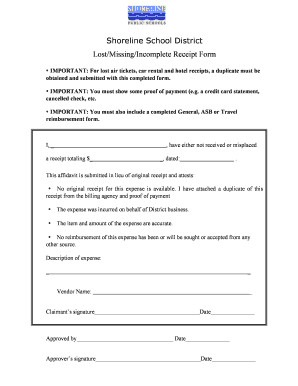 Lost-Incomplete Receipt Form - Shoreline School District - learn shorelineschools